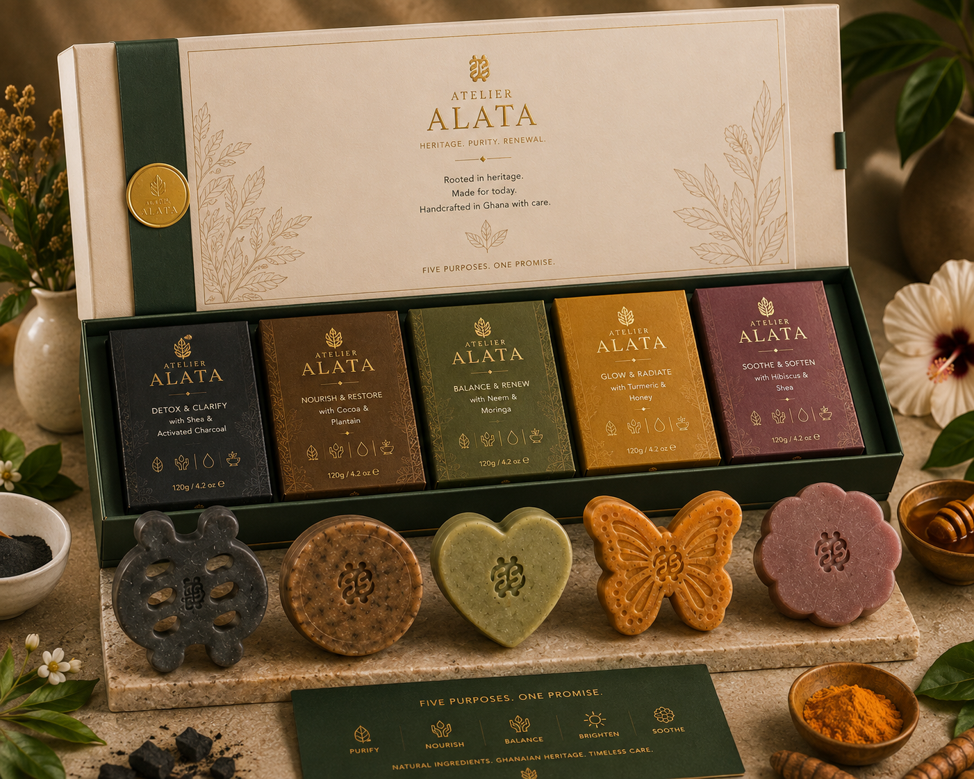 The Atelier Alata heritage soap collection presented in an open gift box