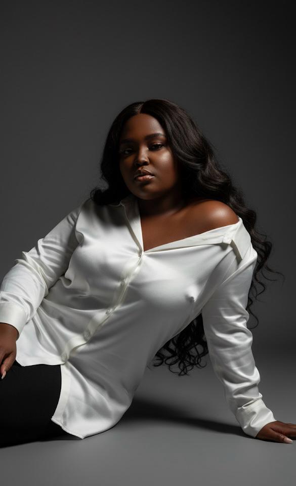 Maame Darkwaa seated in a studio portrait, wearing an off-shoulder white silk blouse against a dark grey backdrop