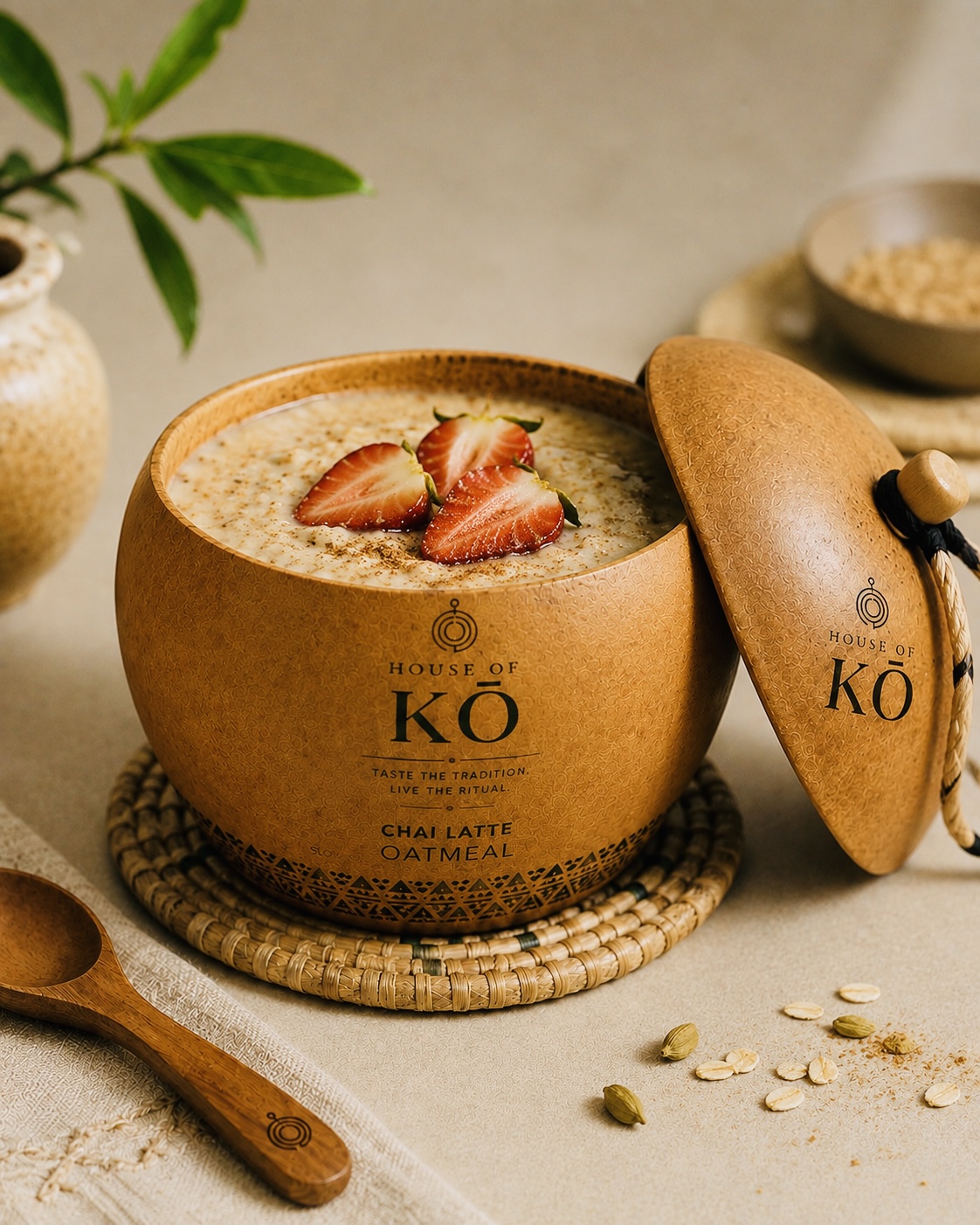 A House of Kō chai latte oatmeal served in a carved wooden vessel with strawberries