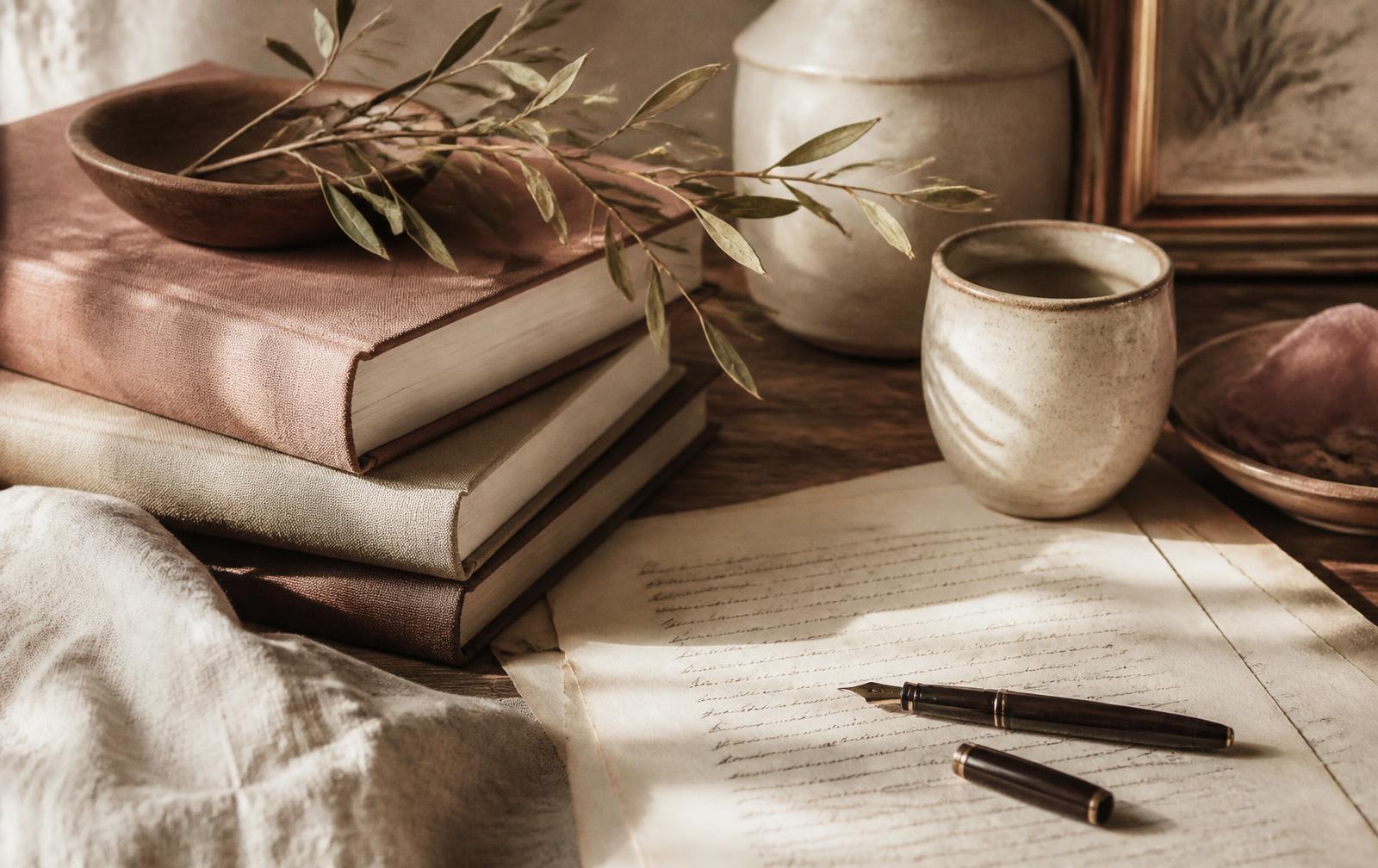 A writing desk with a fountain pen, notebook and cooling coffee in low afternoon light